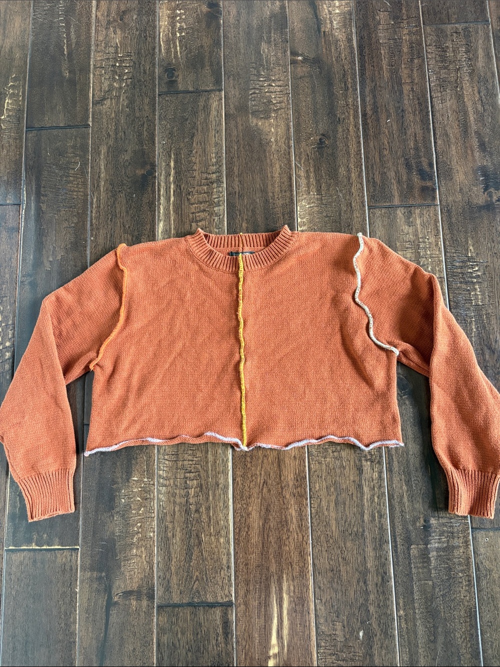 Papermoon Rust Orange Cropped Crewneck Sweater with Contrast Stitch